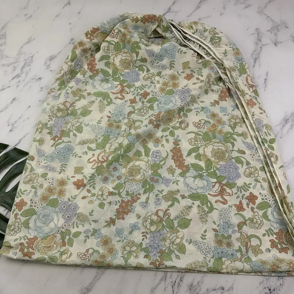 Martex Vintage 80s Queen Size Sheet Set Cream Blue Floral Ruffles Fitted Flat